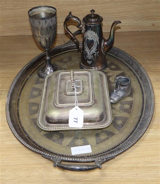 A Victorian plated two handled tea tray and other plated items